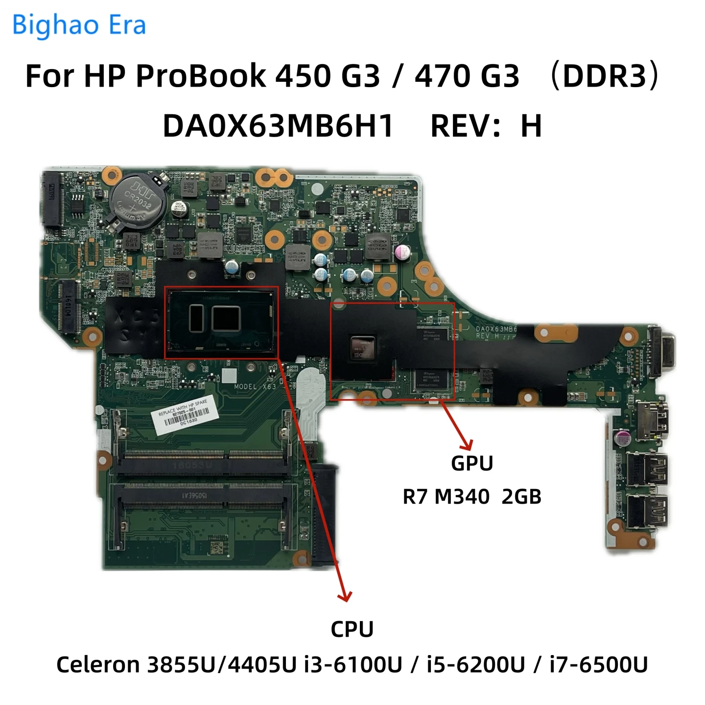 Da0x63mb6h1 Voor Hp Probook 450 G3 470 G3 Laptop Moederbord Met 3855u I3-6100U I5-6200U I7-6500U Cpu R7 M340 2gb-Gpu 827026-601