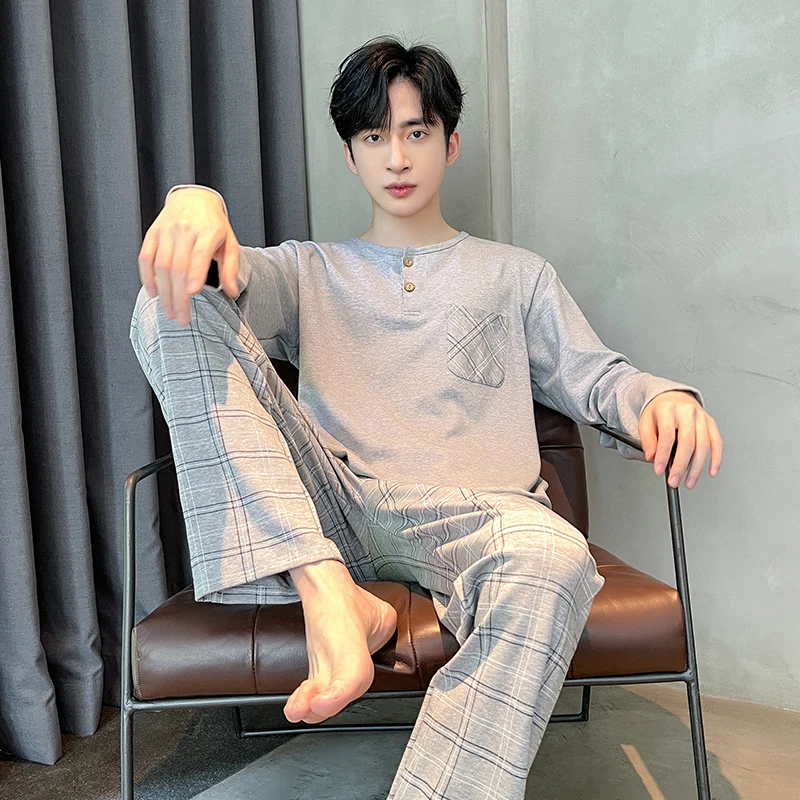 L-4XL Men Pajama Set Spring And Autumn Long Sleeve Sleepwear 100% Cotton Mens Pajamas Male Casual Home Clothing