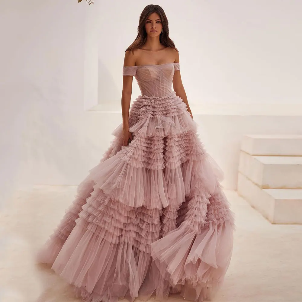 Saudi Arabia Prom Gown Off The Shoulder Tulle Back Lace-up Tiered Ruffle Evening Dress A-Line High Split Formal Occasion Dresses