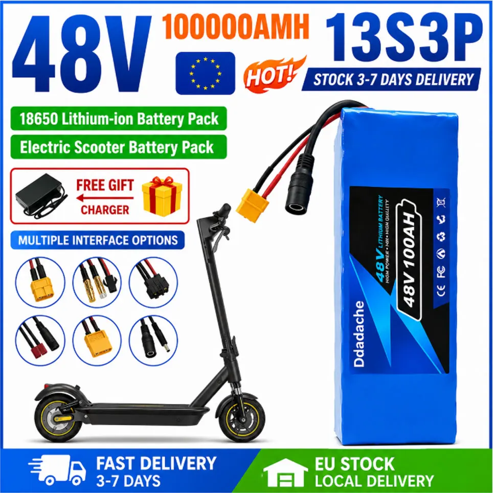 EU-Lagerbestand Polen 48V 100Ah 13S3P 18650 Li-Ionen-Akku mit eingebautem BMS XT60 DC für Elektrofahrrad Roller 54,6V 3-7 Tage Lieferzeit