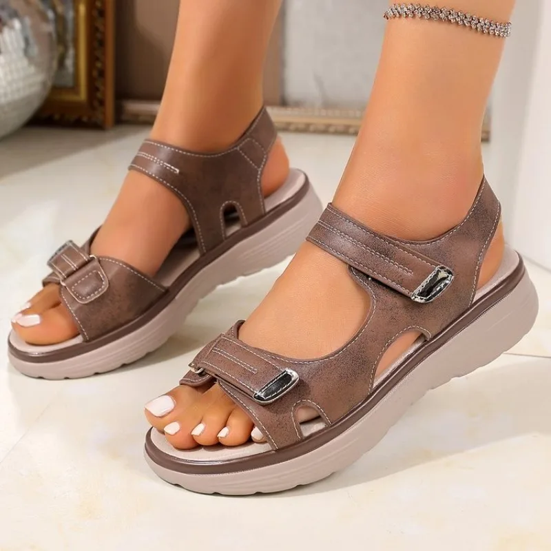 

2026 New Brand Women's Sandals Summer Women's Leather Lightweight Casual Wedge Heel Thick Soled Gray Comfortable Beach Sandals