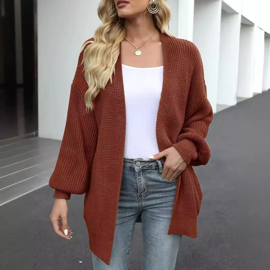 

2025 Autumn Winter Women's Long-sleeved Lantern Sleeve Cardigan with Pockets Oversized Thick Needle Knitted Sweater