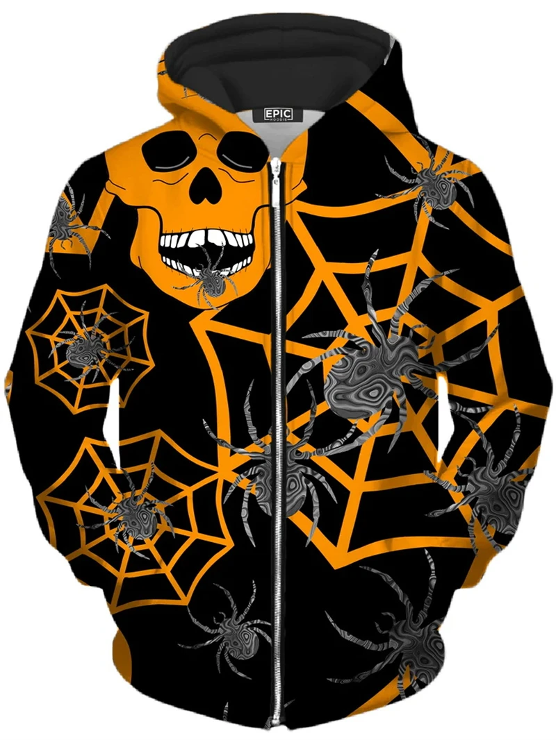 Halloween Spider Webs Graphic Zip Up Hoodie Men 3D Printed Skull Sweatshirt Street Personality Cosplay Pullovers Loose Zip Coat