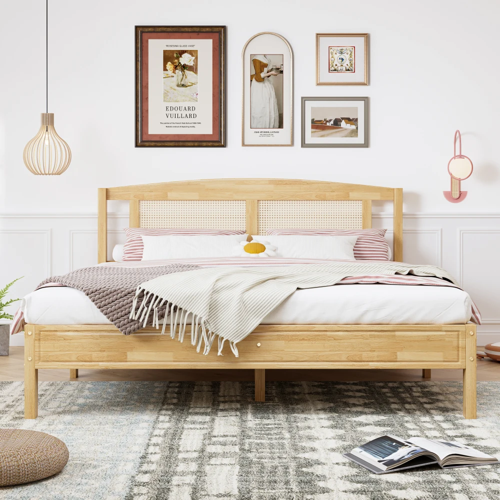 PINGGO Naturrattan-Doppelbett 160x200cm Kiefernholz PE-Rattan 15 Latten Mittelstützfüße Rattan-Netzkissen Ohne Matratze – Detail 5