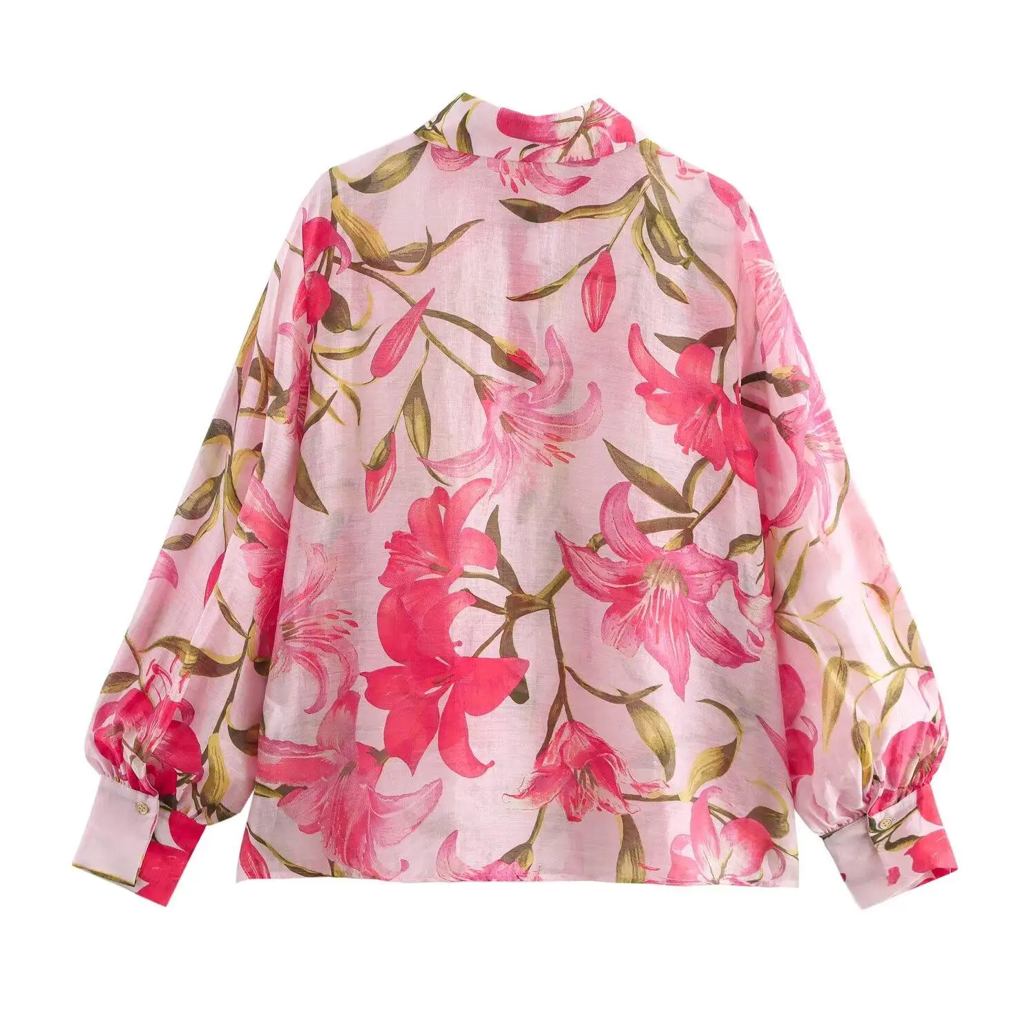 

ZBZA Spring New Women's Faion Design Floral Print irt Casual Loose Long Sve Turn-down Collar Polyester Fiber