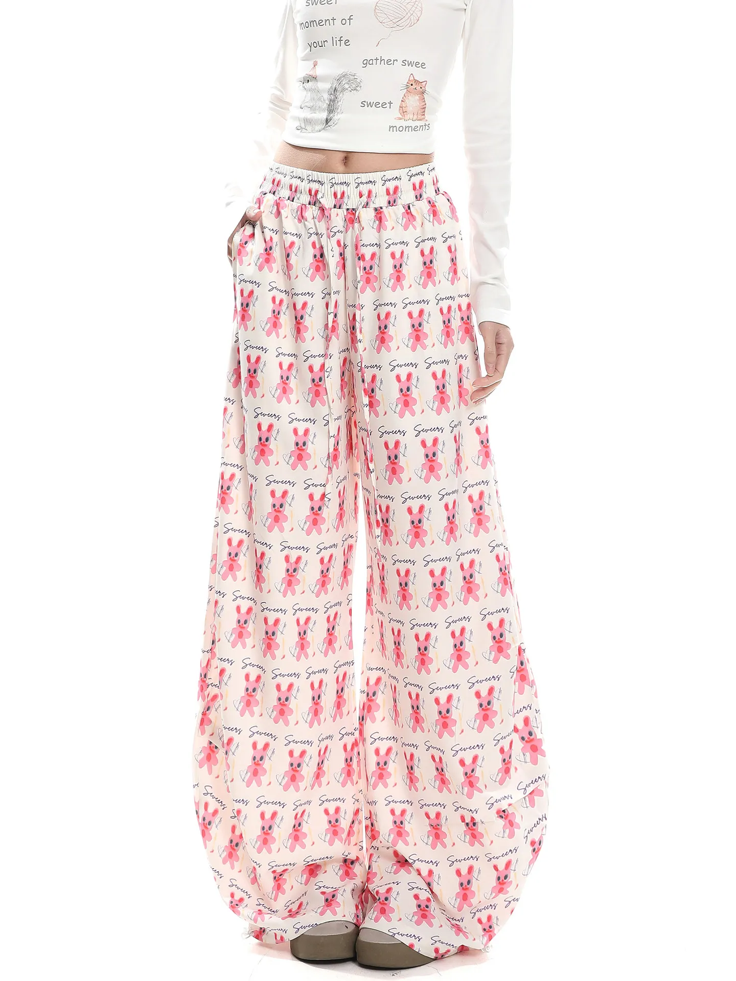 

Cartoon Rabbit Print Wide Leg Pants Women's Casual Loose Drapey Slimming Spring Floor-Length Trousers Comfortable Loose Fit