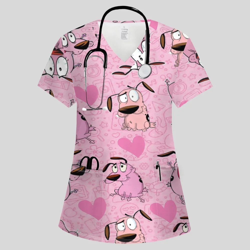 Clinical Uniform Woman Fashion V-Neck Vibrant Pockets T-Shirt Cute Cartoon Print Tops Summer Comfortable Vet Nurse Uniform Woman