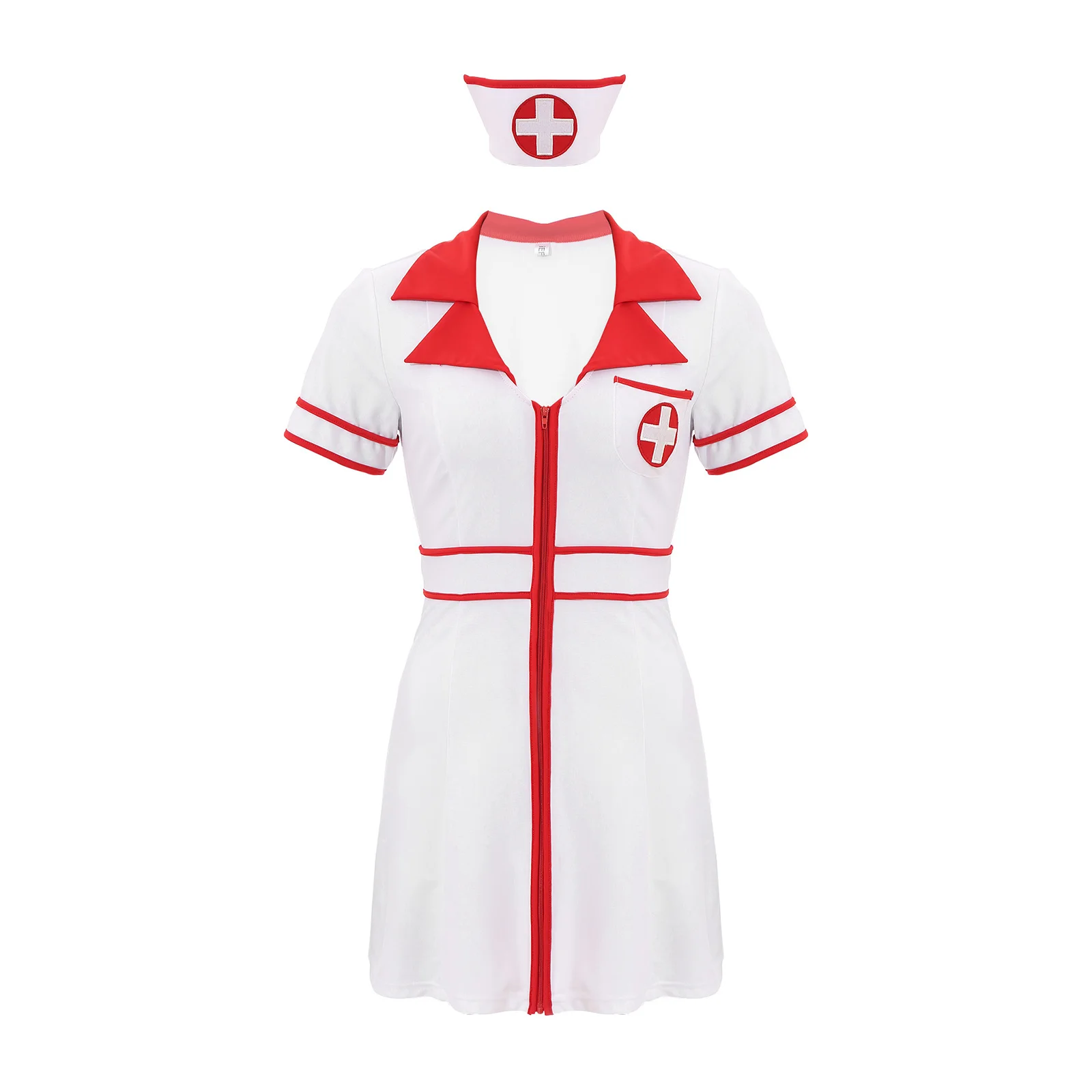 Womens Nurse Uniform Halloween Cosplay Outfit Nurse Role Play Games Costumes Short Sleeve Front Zipper Cross Dress with Headwear