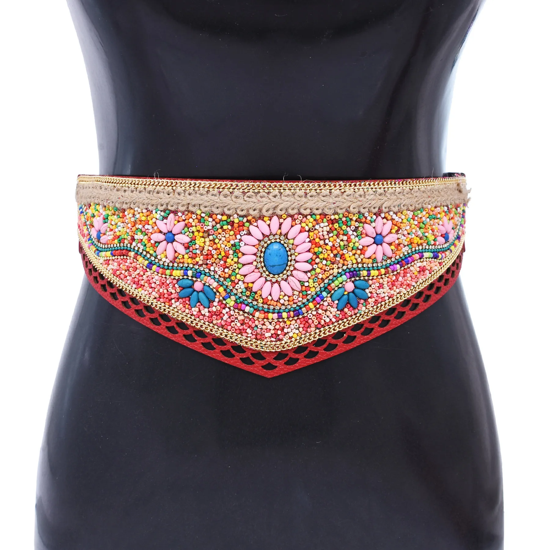 Cinturón bohemio con cuentas y flores para mujer, cinturón étnico con cadena ancha elástica para el cuerpo, vestido para niñas y mujeres