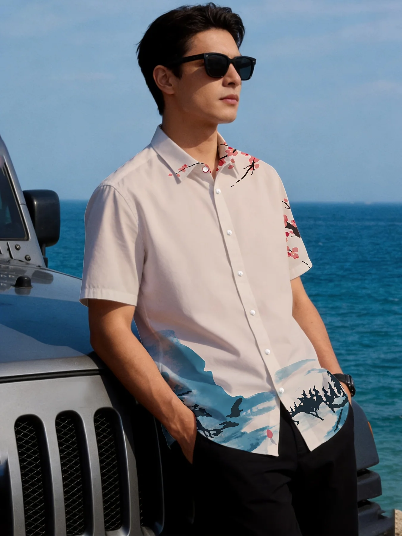 Men'S Short Sleeve Shirt Mountain Landscape Calligraphy Printed Loose Casual Lapel Tops Men Clothes