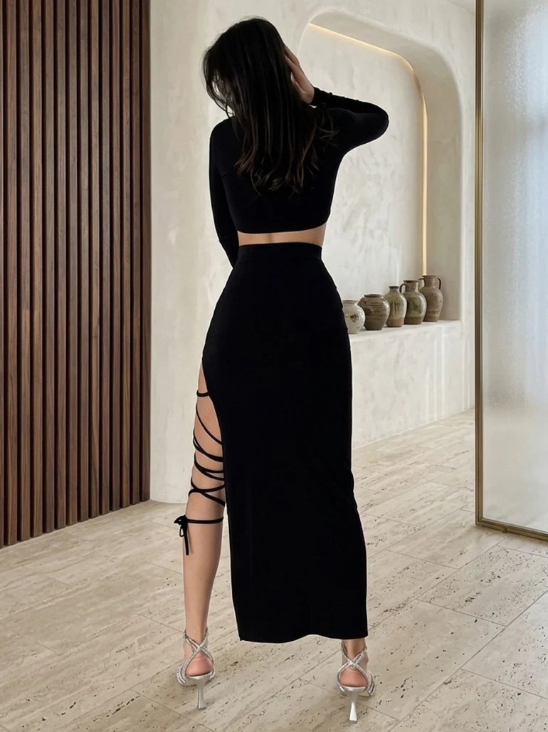 

New Arrival European & American Style Women's 2-Piece Set: Sexy Long-Sleeve Cropped Top + Side Slit Tie Long Skirt