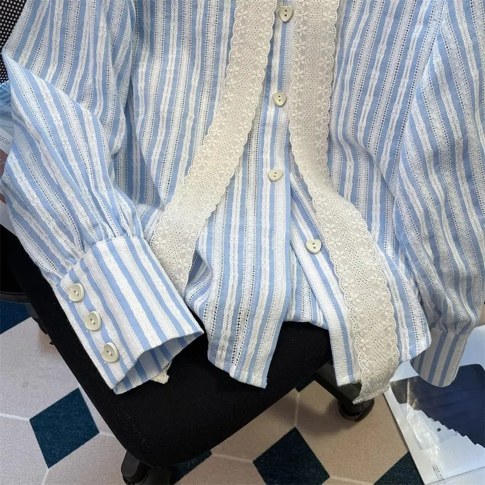 Women Korean Lacing Lace Bow Striped Blouse Spring Summer Temperament Long Sleeve Top Tee Prairie Chic Patchwork Loose Shirts