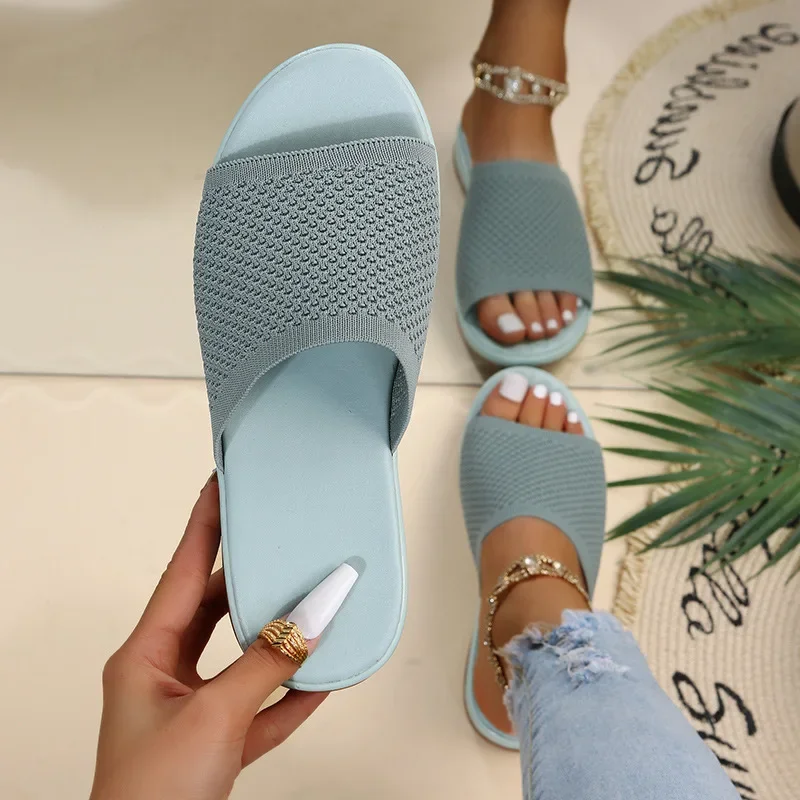 Sandalias de cuña de tela de punto para mujer, sandalias de Punta abierta, antideslizantes, informales, para exteriores, zapatillas de playa con plataforma plana, novedad de verano