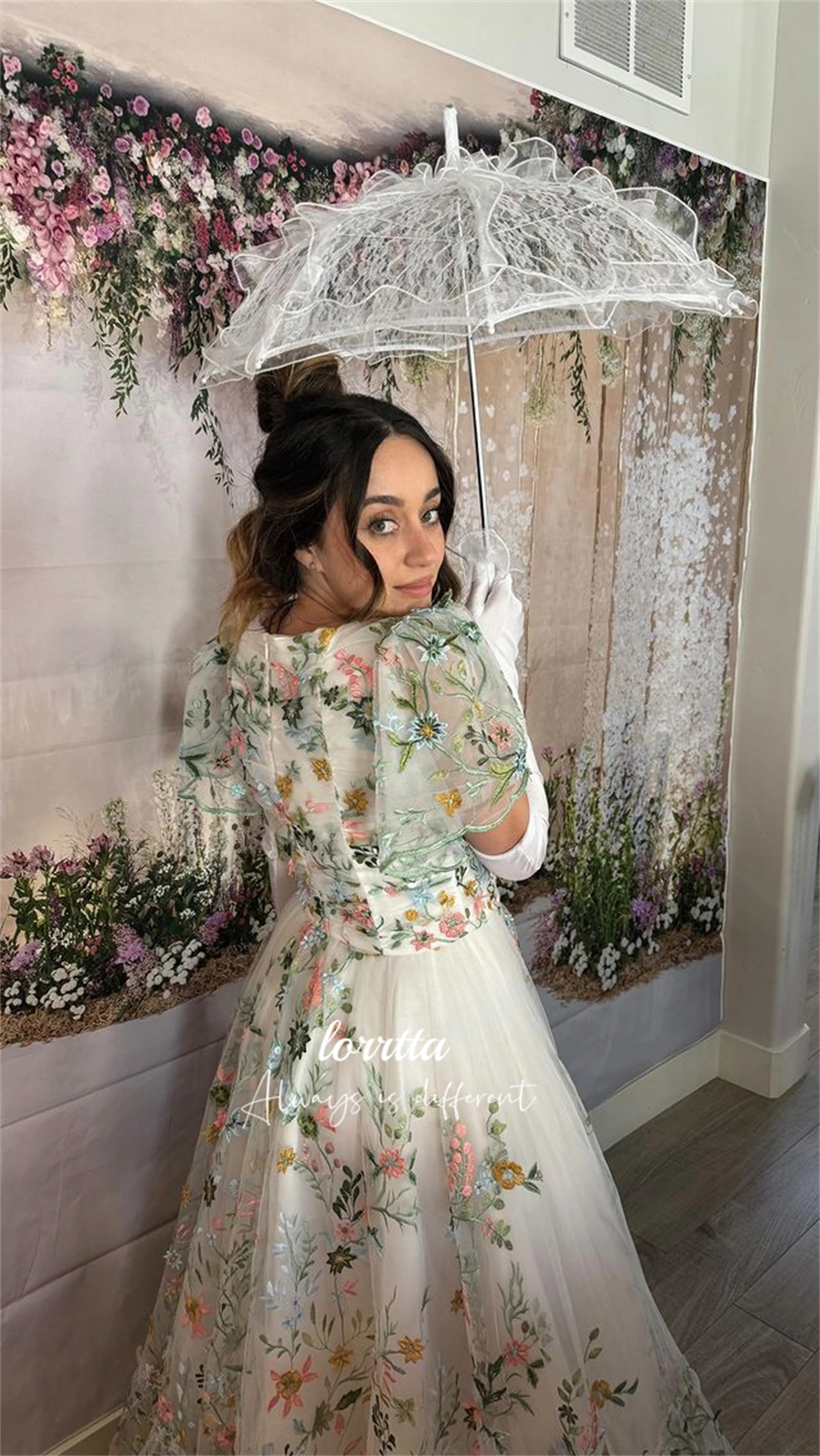 Lorrtta Floral Fabric Graduation Gown Line A Wedding Party Dress Puffy Sleeves Birthday Dresses for Special Events Ball Gowns