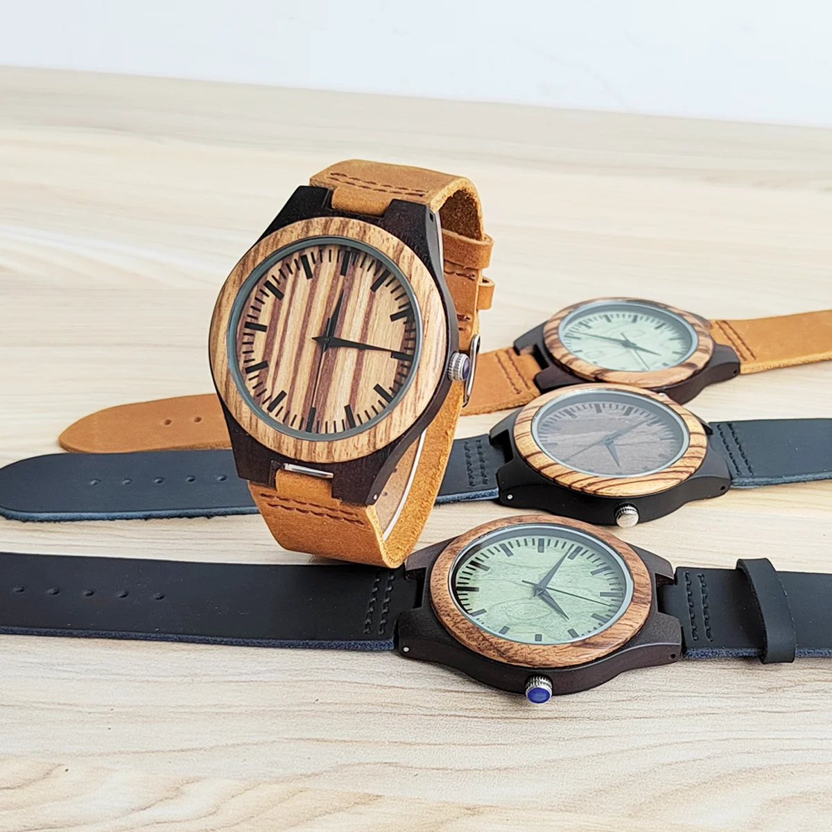 Houten Polshorloges Voor Mannen & Vrouwen Leren Band Klok Quartz Hout Horloges Gepersonaliseerde Mannen Verjaardagscadeau Reloj Hombre