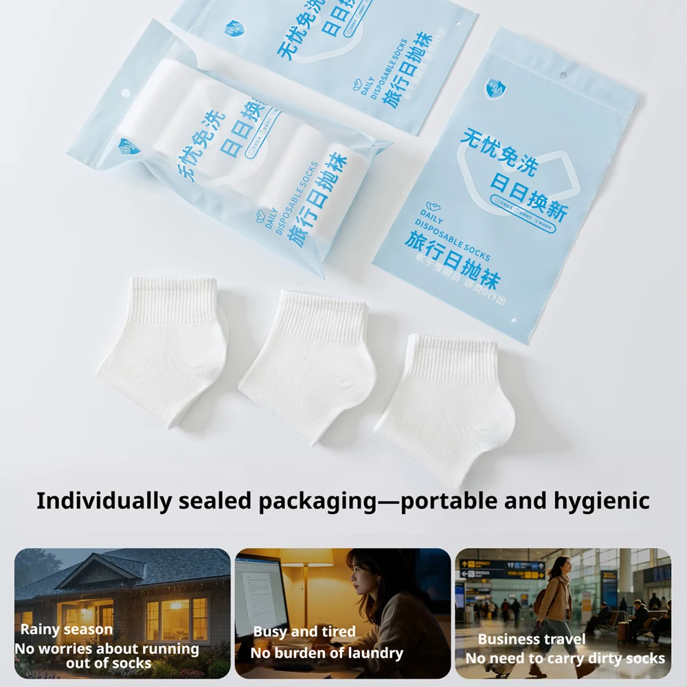 6Pcs Disposable Cotton Socks White Unisex Travel Essential Daily Throwaway Breathable Lightweight 36-43 with Pouch