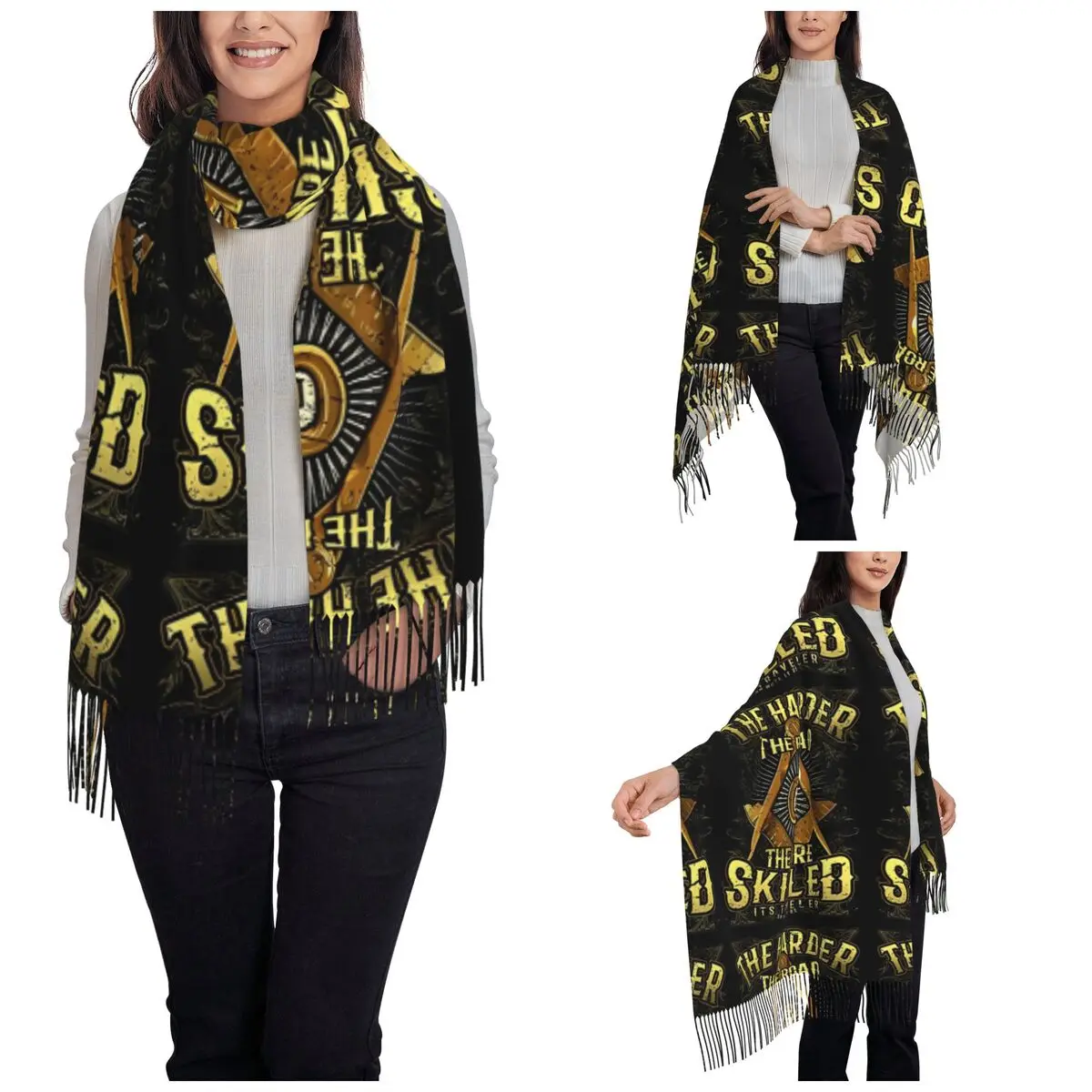 Womens Scarf with Tassel Freemason Harder Road Square & Compass Masonic Long Winter Fall Shawl and Wrap Gifts Pashmina Scarves