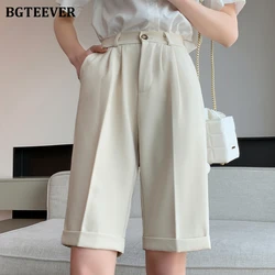 BGTEEVER Summer High Waist Single Button Ladies Wide Leg Shorts Stylish Loose Pockets Oversized Straight Shorts for Women