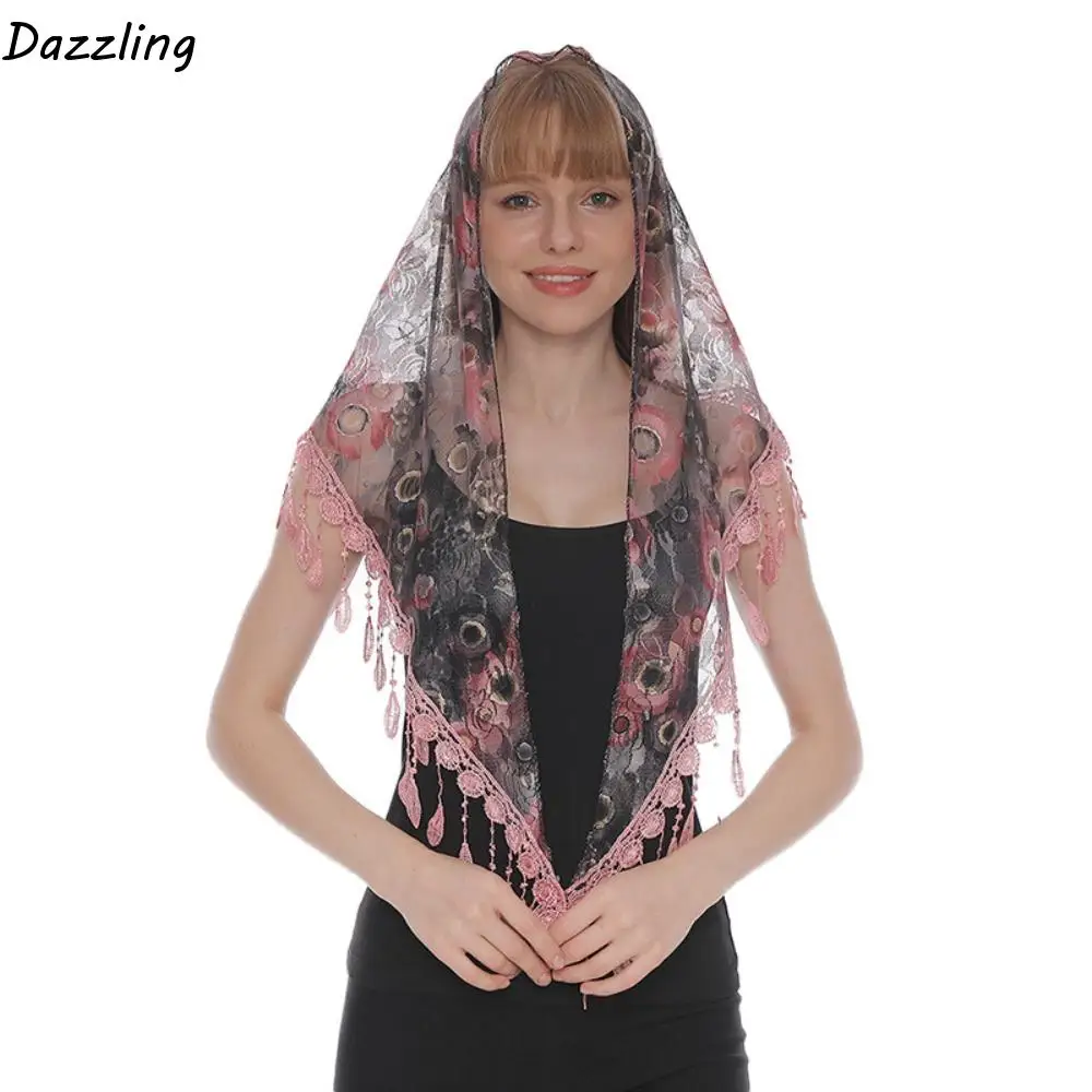 

Bohemia Sun Protection Lace Scarf with Tassel Colorful Printed Wraps Turban Hair Band Flower Triangle Headband Outdoor