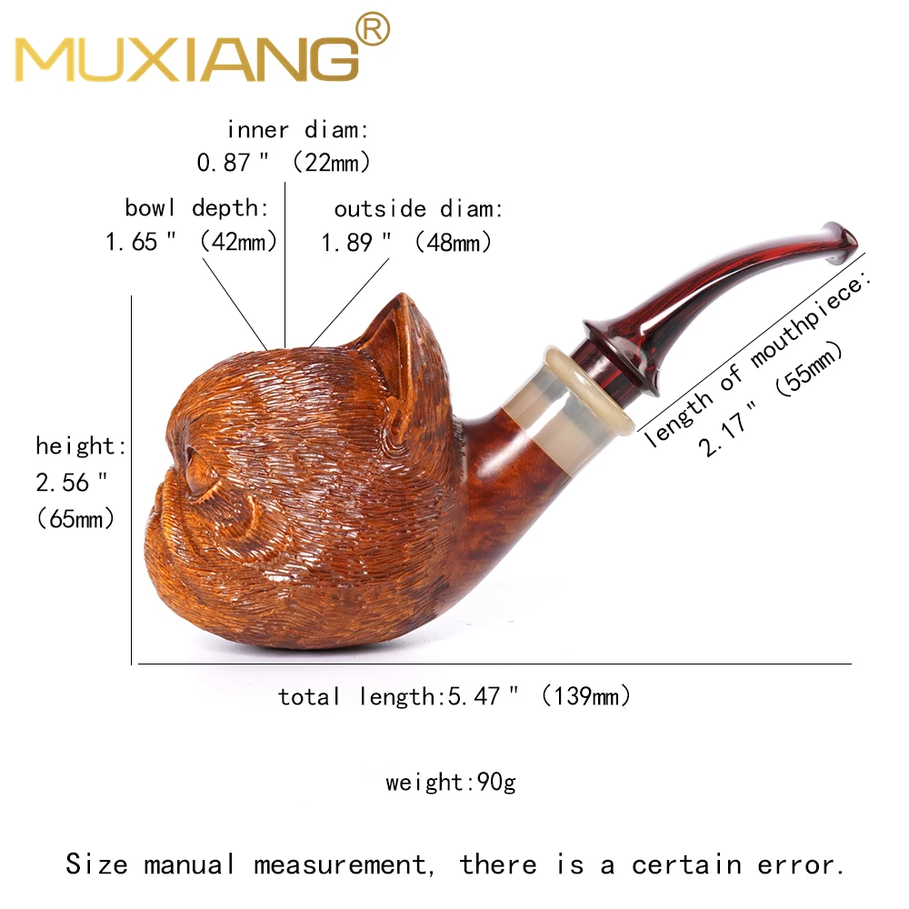 MUXIANG handmade briar tobacco pipe, vulcanized rubber pipe mouthpiece, curved handle master pipe, cat carved pipe，father gifts