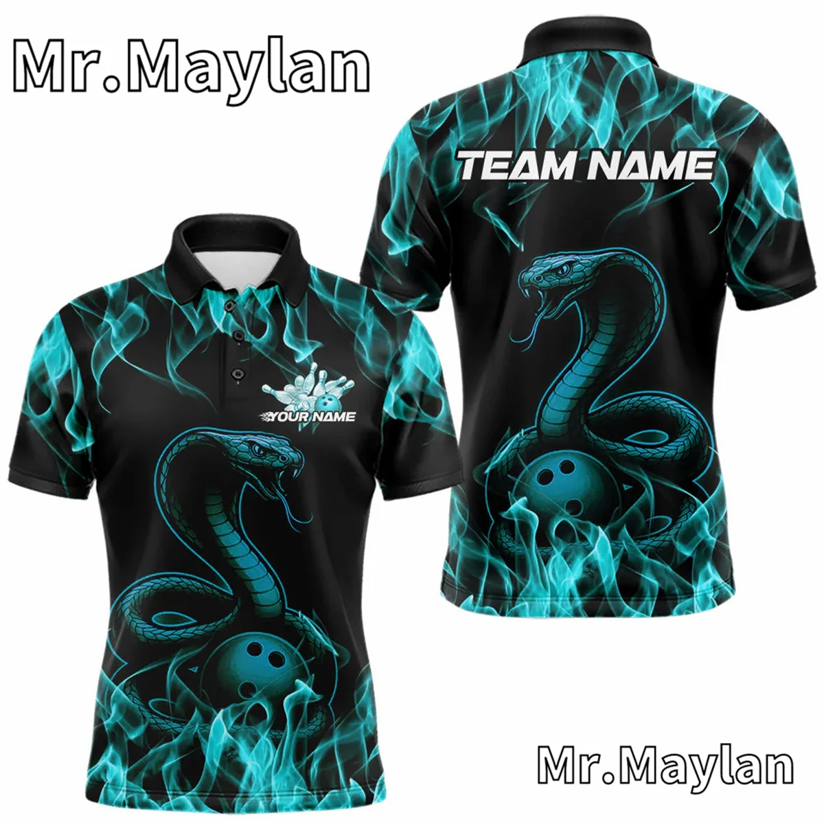 3D Custom Black And Blue Flame Cobra Snake Bowling Мужские рубашки поло Bowling League Team Трикотажные изделия Рубашка в подарок для любителей боулинга