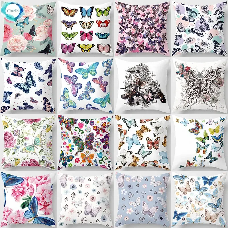 

45x45cm Colorful Flower Butterfly Print Cozy Polyester Pillowcase Sofa Seat/Back Cushion Cover Throw Pillows Case Home Decor