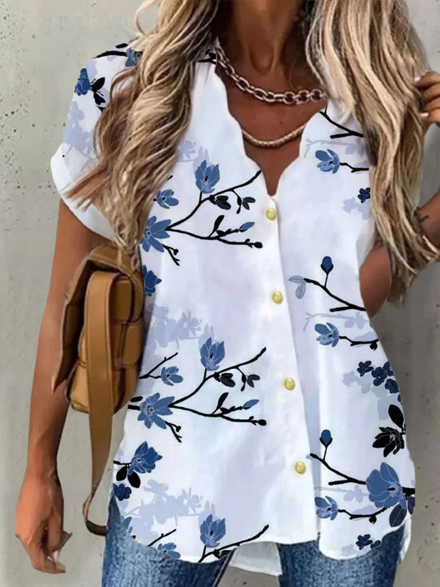 Camisa Floral para mujer, camisa de manga corta con estampado de botones, cuello en V, Tops informales