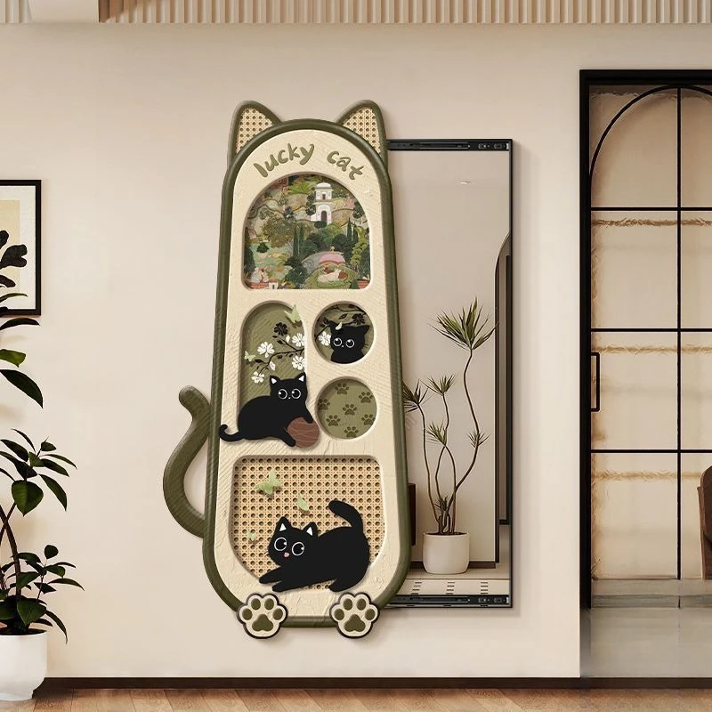 Pittura decorativa francese retrò ingresso cartone animato gatto antico specchio push-pull nascosto a figura intera