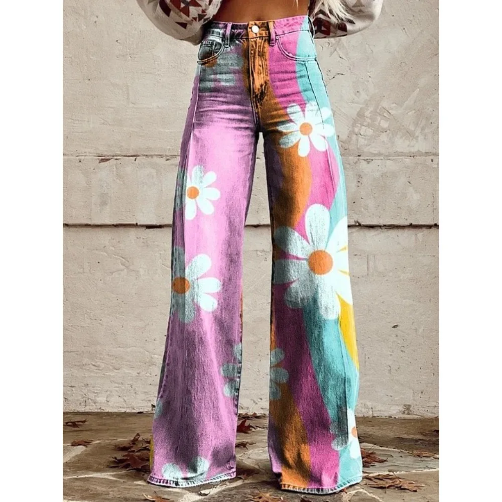 Damen Blaue Orientalische Pflaumenblüten-Druck Hose mit Hoher Taille und Weitem Bein Vintage Blumenmuster Y2K Ästhetik Lose Hose Retro Streetwear – Detail 2