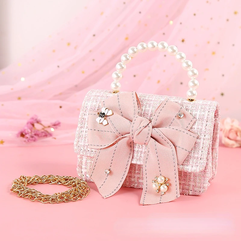 Mini bolsa de linho para meninas, Crossbody Bags para crianças, Bowknot Coin Pouch, Pearl Handle Tote, Party Hand Bags, Cute Kids Gift