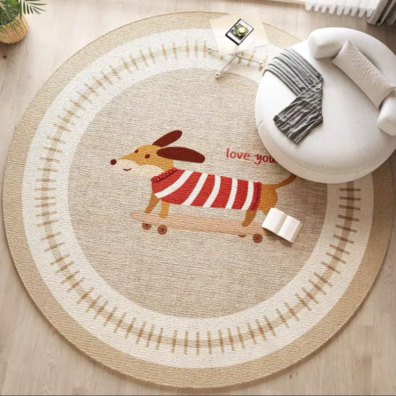 

Round Belgian Velvet Carpet with Cute Dog Pattern. Ideal for adding charm to living rooms, bedrooms. Soft and stylish