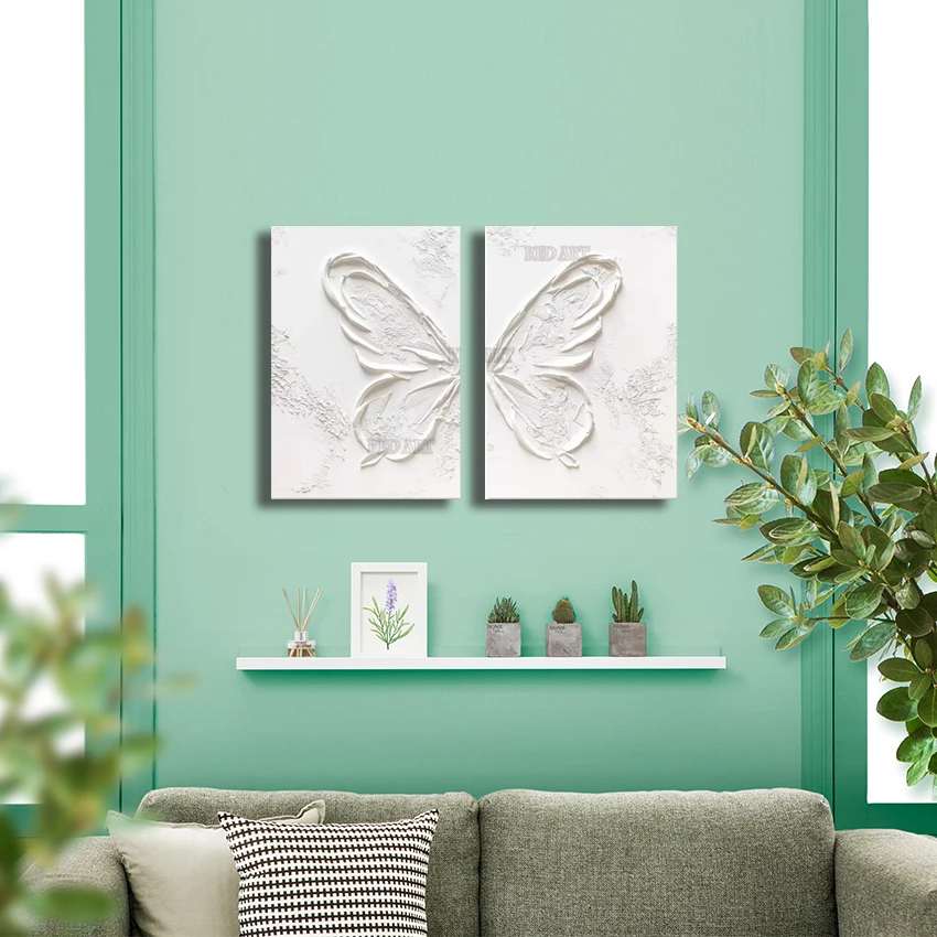 

Thickness White 2 Pieces Group Hand Painted Abstract Oil Painting Wall Hang Poster Texture Luxury Art For Hotel Porch Decor