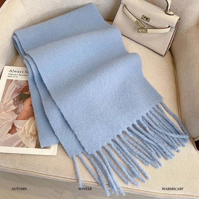 

82% Australia Wool Women's Solid Color Plush Winter Thick Warm Scarf Outdoor Cashmere Neckerchief Bufanda Shawl Wraps Pashmina