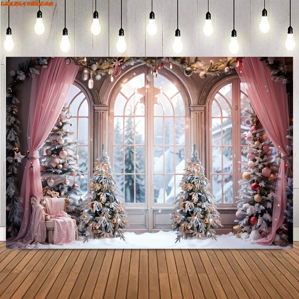 การถ่ายภาพคริสต์มาสฉากหลังฤดูหนาวหิมะXmas Treeหน้าต่างครอบครัวHoliday Party Decorการถ่ายภาพพื้นหลังPhotobooth Props
