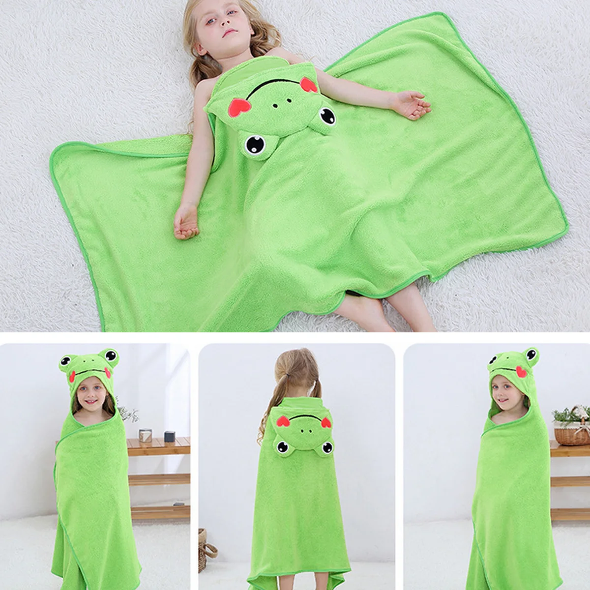 Baby Bath Towels Children's Coral Fleece Frog Cartoon Bathrobe for Kids Green Toddler