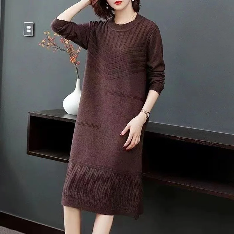 2023 New Autumn and Winter Western Style Round Neck Pit Stripe Solid Color Medium Length Underlay Knitted Sweater Dress