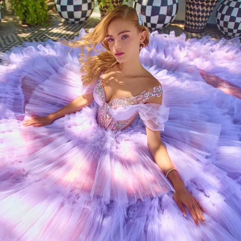 Rosa quinceanera vestidos fora do ombro apliques miçangas cristal em camadas tull festa de aniversário doce 16 vestido vestidos 15 anos