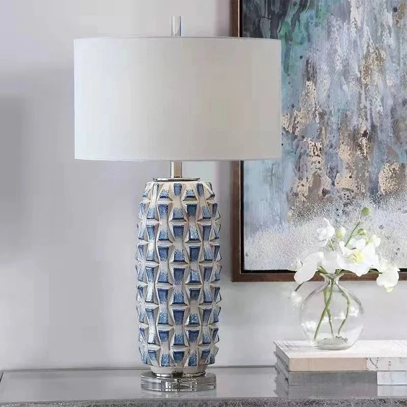 Modern Luxury 3D Textured Blue White Ceramic Table Lamp Fabric Lampshade Bedside Desk Light Hotel Home Decoration