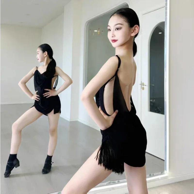 Novo vestido de dança latina meninas sem costas roupas de dança cha cha rumba franja vestido preto prática roupas vestido de competição