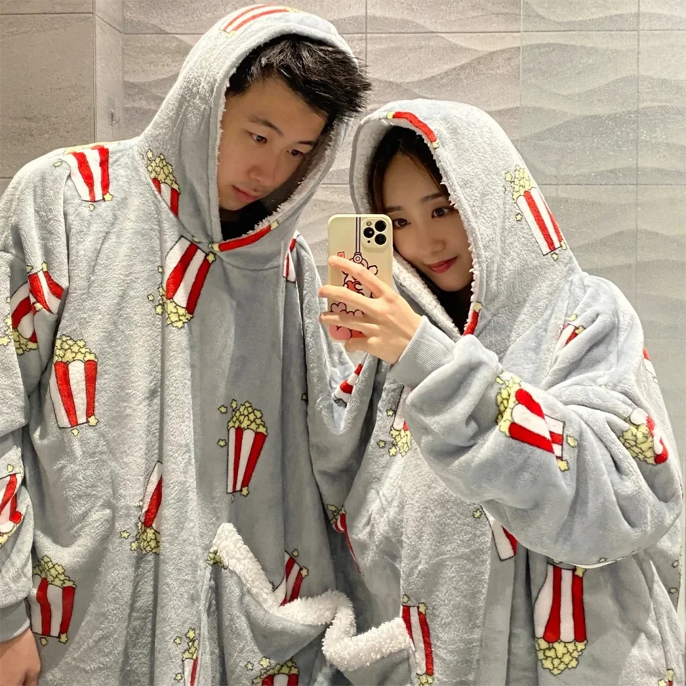 Two Person Friend Intimate Loose Popcorn Adult Men Women One-Piece Couples Pajamas Autumn Winter Plush Pullover Christmas Outfit