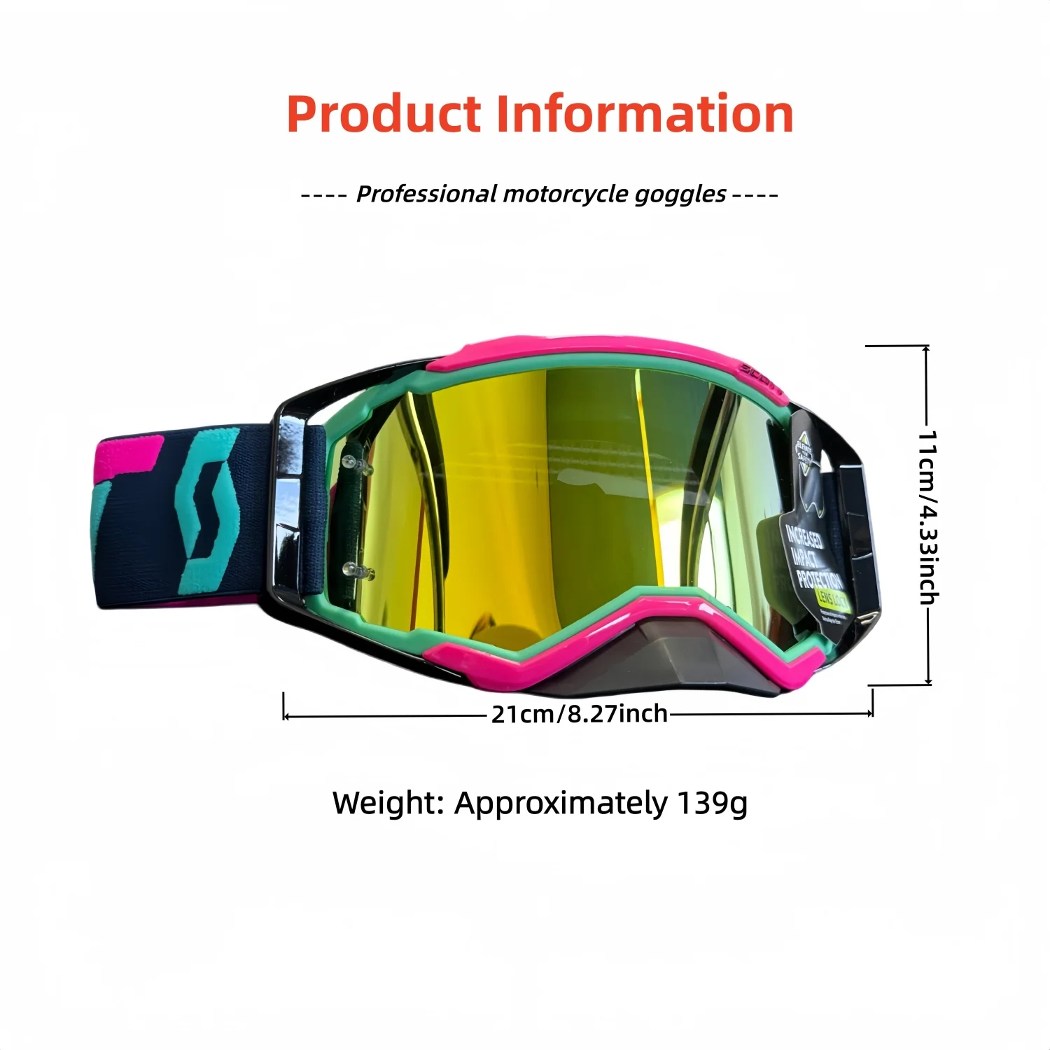 Professional MX ATV Motocross Goggles, UV400 HD Wind & Sand Proof Impact Resistant for Riding, Skiing and Off-Road Sports