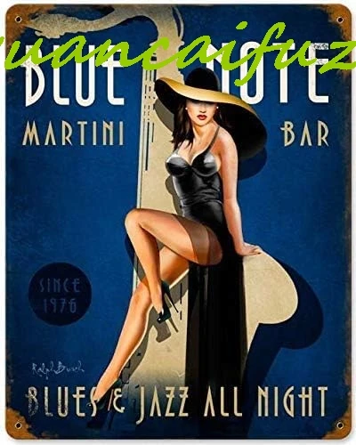 Retro Vintage Metal Plaque Sign Pin Up Girl Blue Note Martini Bules Jazz Bar for Home Bar Kitchen Pub Wall Decor Signs 12x8inch