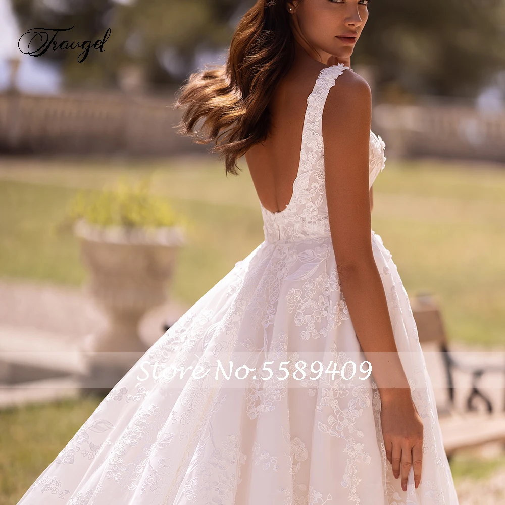 Traugel Elegant Backless V Neck Lace Vintage Wedding Dresses Luxury Appliques Beaded Tank Court Train A Line Bridal Gown