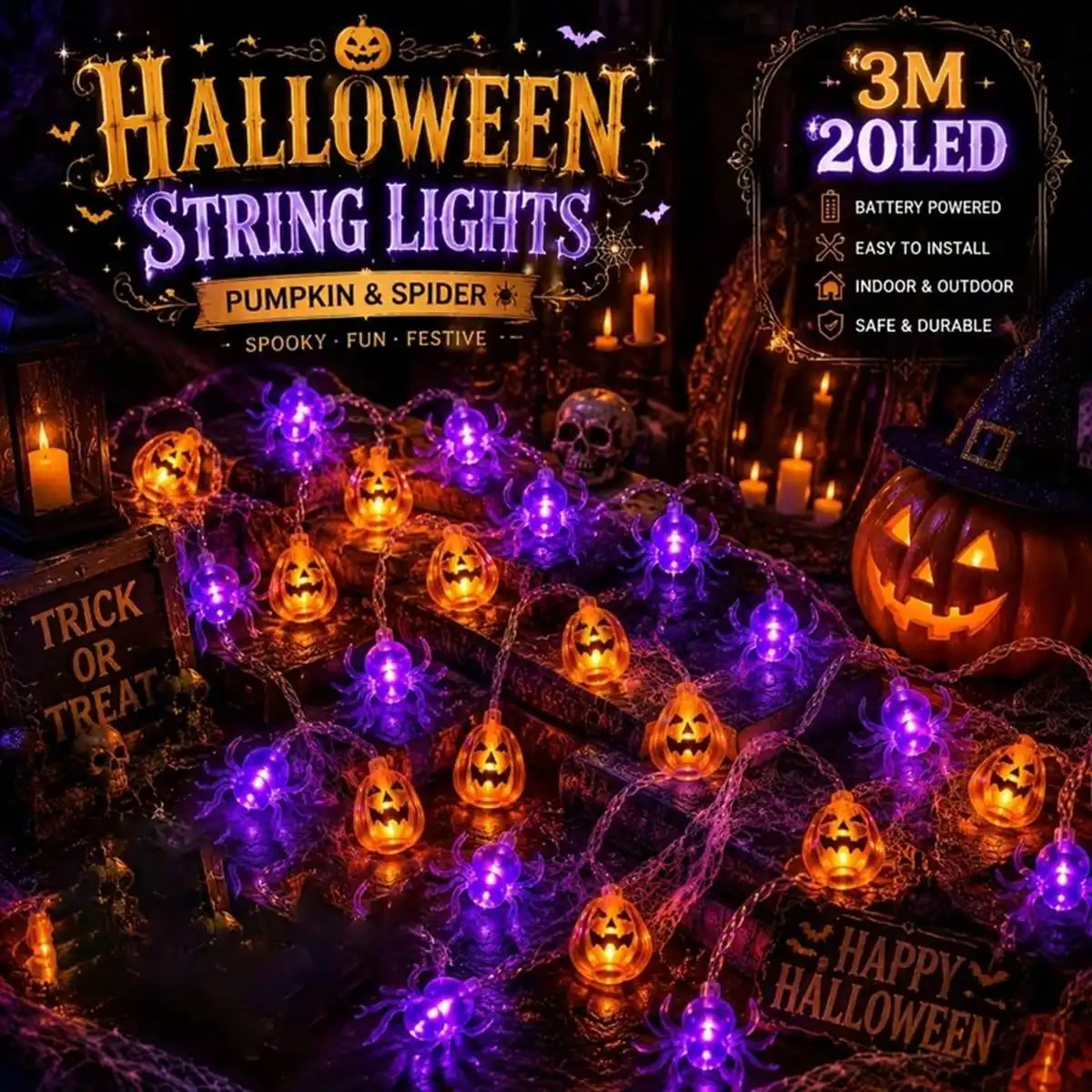 1PC Halloween Pumpkin 10/20 LED String Lights Jack-O-Lantern Fairy Lights Battery Powered For Indoor Outdoor Haunted House Decor