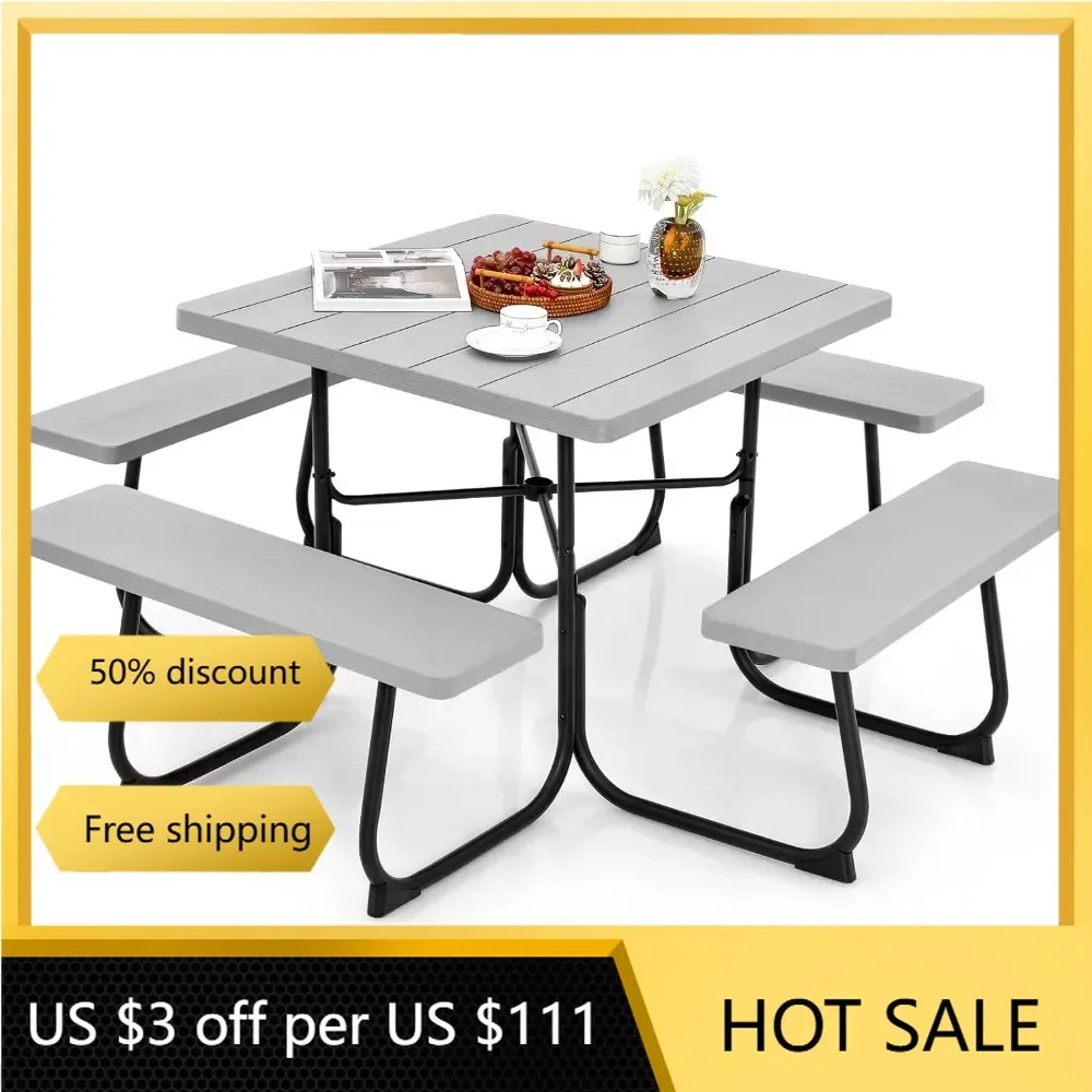 

Outdoor Square Picnic Table with 4 Built-in Benches, Umbrella Hole, Metal Frame & HDPE Tabletop, Outside Table and Bench