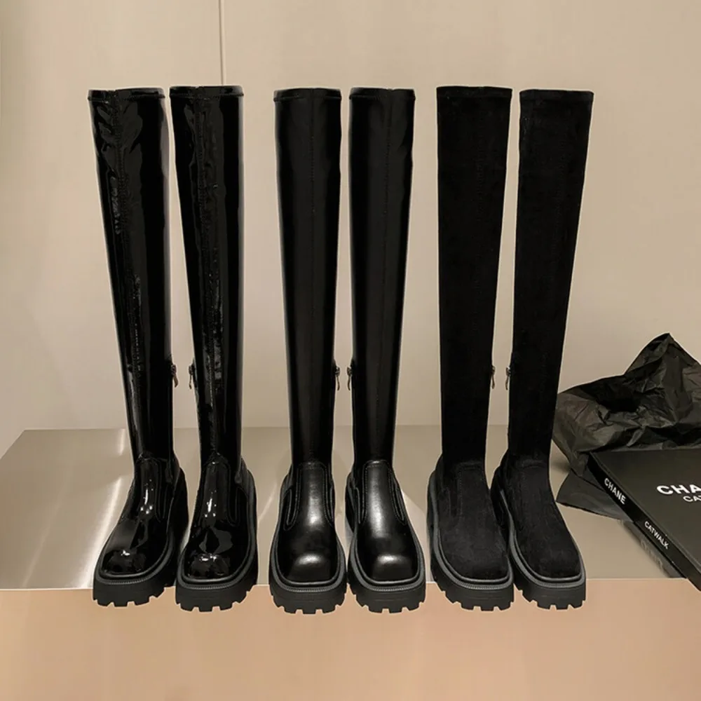 2024 Patent Leather Super Cool Over-the-knee Stretch Boots Platform High Heels Long Boots Winter Women Warm Thigh High Boots