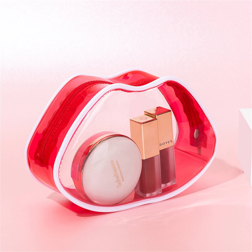 

Women Transparent Waterproof PVC Cosmetic Bags Cute Red Lip Shape Lipstick Bag Portable Travel Makeup Storage Organizer Supplies