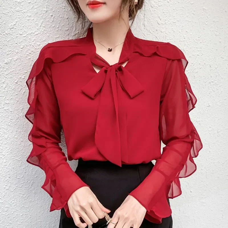 Blusa con cuello De lazo para Mujer, camisa De gasa blanca De manga larga con volantes, a la moda, M195