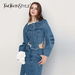 TWOTWINSTYLE Streetwear Denim Coats For Women Round Neck Long Sleeve Spliced Covered Button Casual Jackets Female Fashion Style