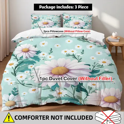 Fresh Daisy Floral Duvet Cover Set 2 Pillowcases Mint Green White Botanical Bedroom Decor Birthday Gift For Teens Twin Queen